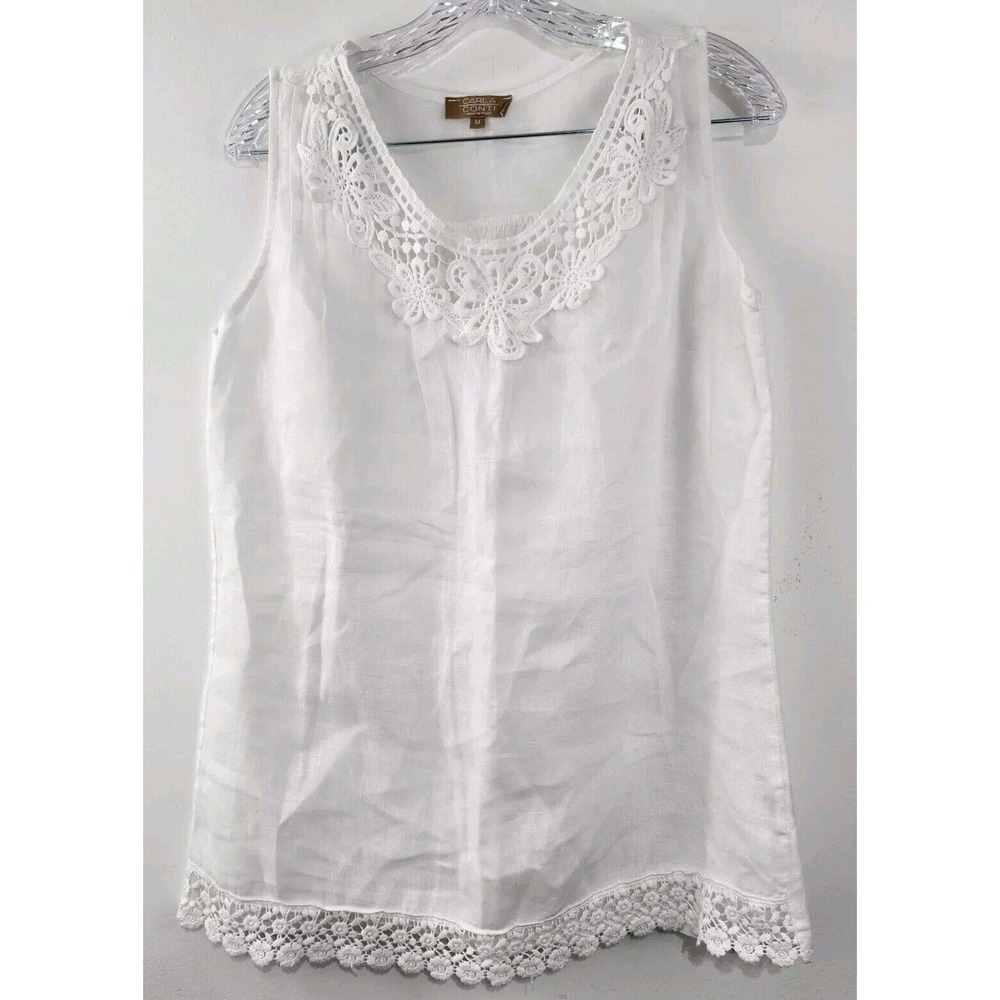 Carla Conti 100% Linen White Sleeveless Woman's Tank Top Medium Crochet Lace